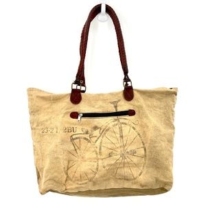 Mona B Vintage Bicycle Up-Cycled Canvas Collection Tote With Leather Handles